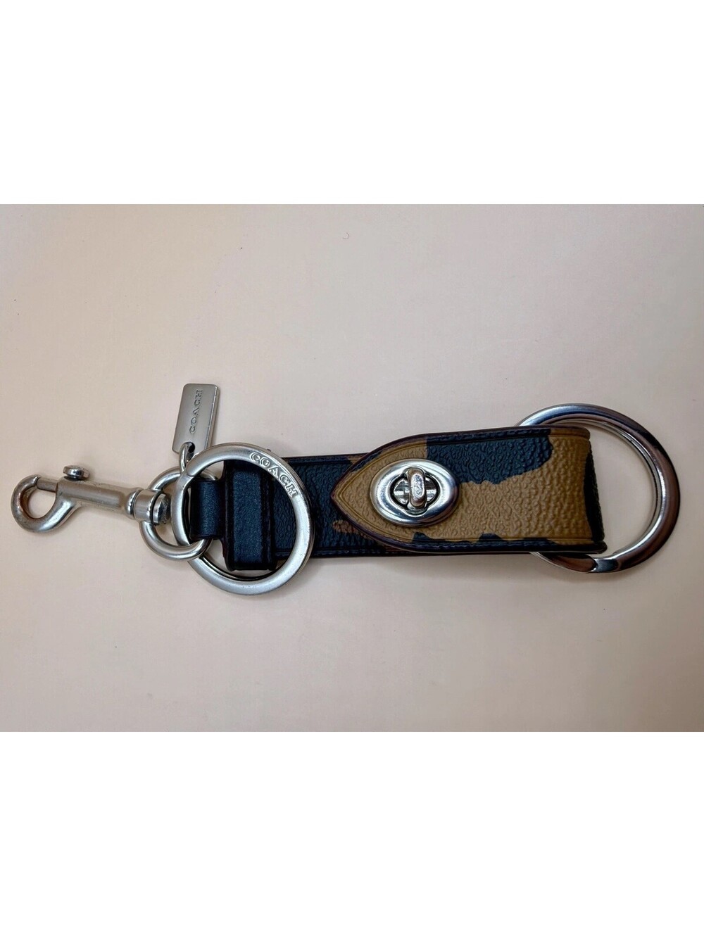 Authentic Coach Camouflage Leather Keychain Bag Charm Backpack Clip Black Tan